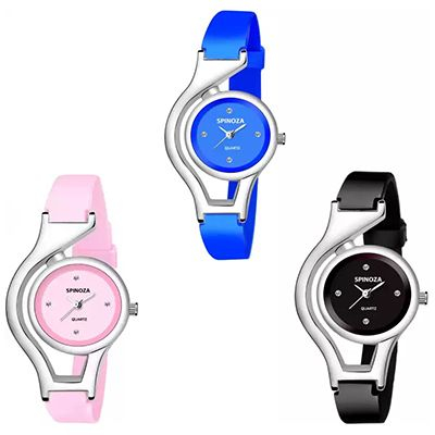 Round and unique design glory blue pink black combo of 3 watch for women Watch - For Girls