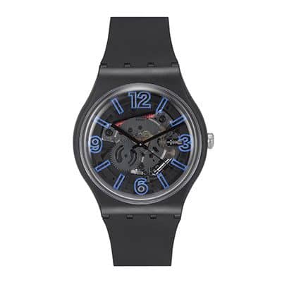 Swatch Unisex Black Swiss-Made Skeleton Analogue Watch SUOB165